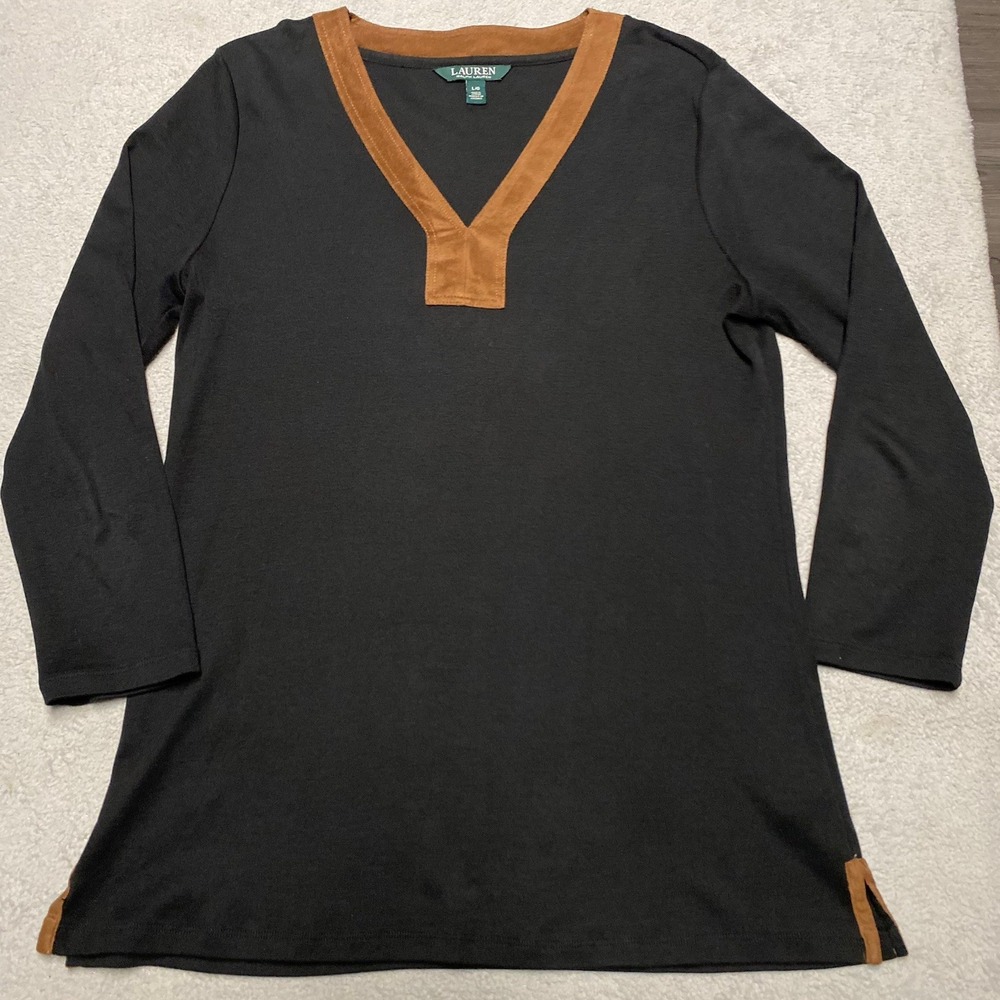Lauren Ralph Lauren Tunic Top Womens Large Black‎ Cotton V Neck Capsule